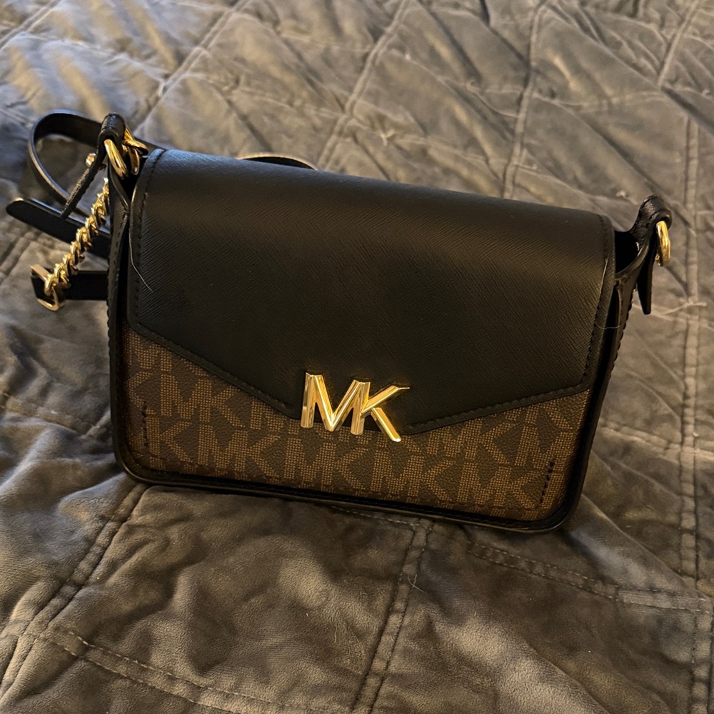 Michael Kors Black and Brown Crossbody with Gold Accents